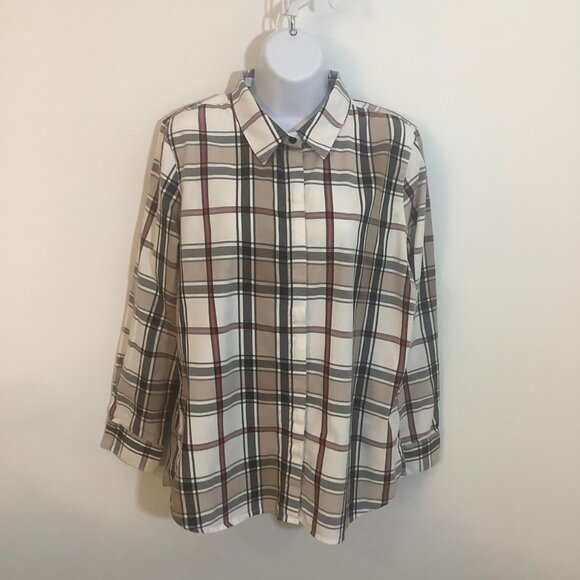 JG Hook Button Blouse Long Sleeve White Gray Plaid PL - Picture 2 of 9